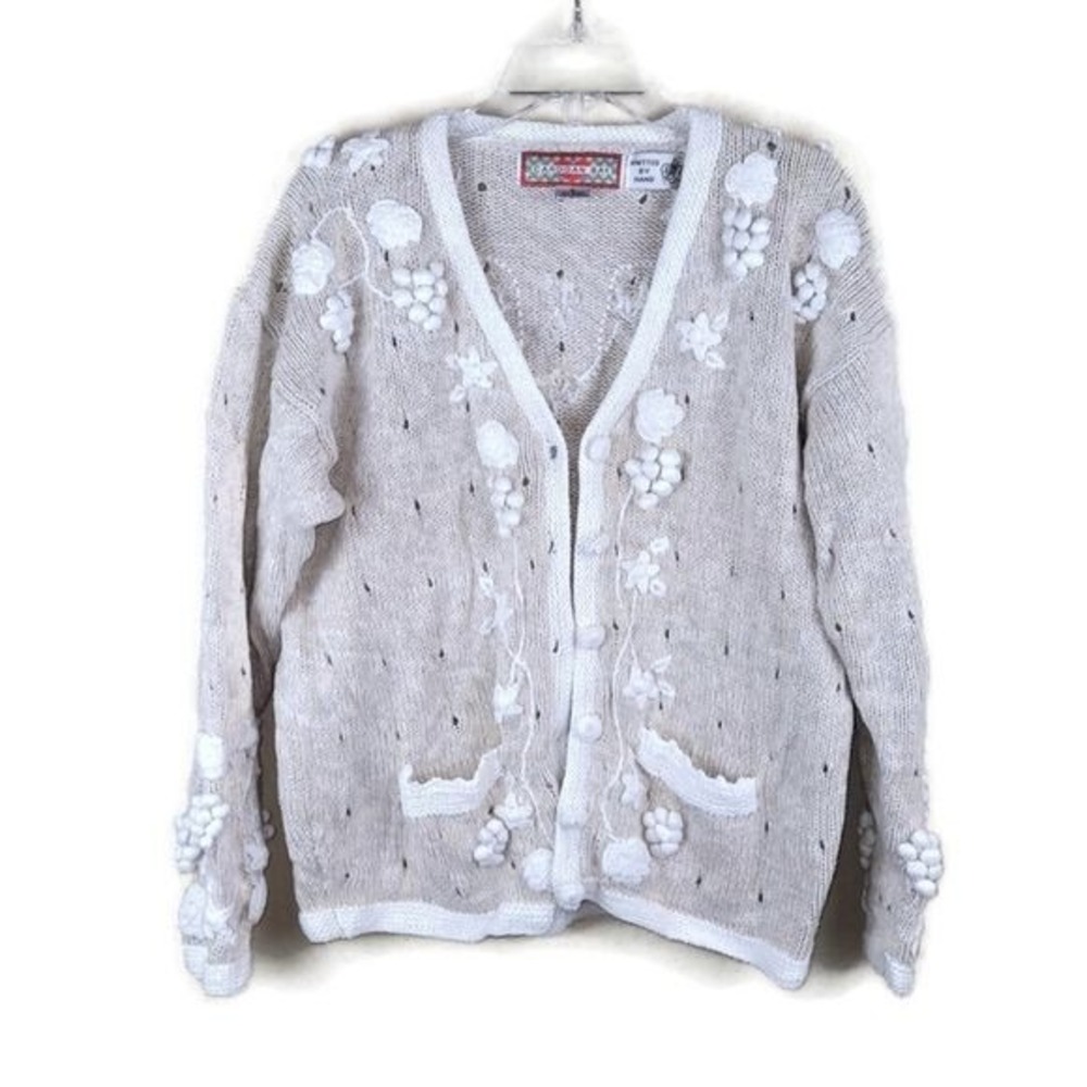Cardigan Bay Womens Cardigan Sweater‎ Knit Grape Vine Ivory White Small